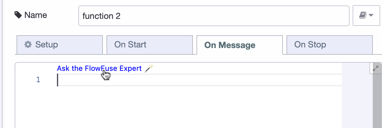 Screenshot showing the "Ask the FlowFuse Expert" button available in the function node